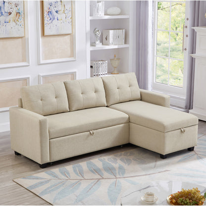 81.5'' Upholstered Convertible 3 Seater Sleeper Sofa with Pull-Out Bed, Reversible Storage Chaise, and Back Cushions