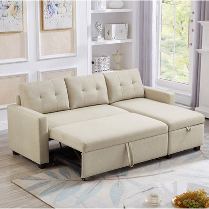 81.5'' Upholstered Convertible 3 Seater Sleeper Sofa with Pull-Out Bed, Reversible Storage Chaise, and Back Cushions