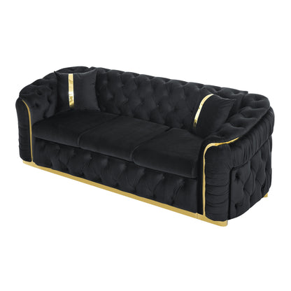 90.6 Velvet 3-Seater Sofa with 2 Pillows High-Density Cushions, Gold Accents, and Pillows