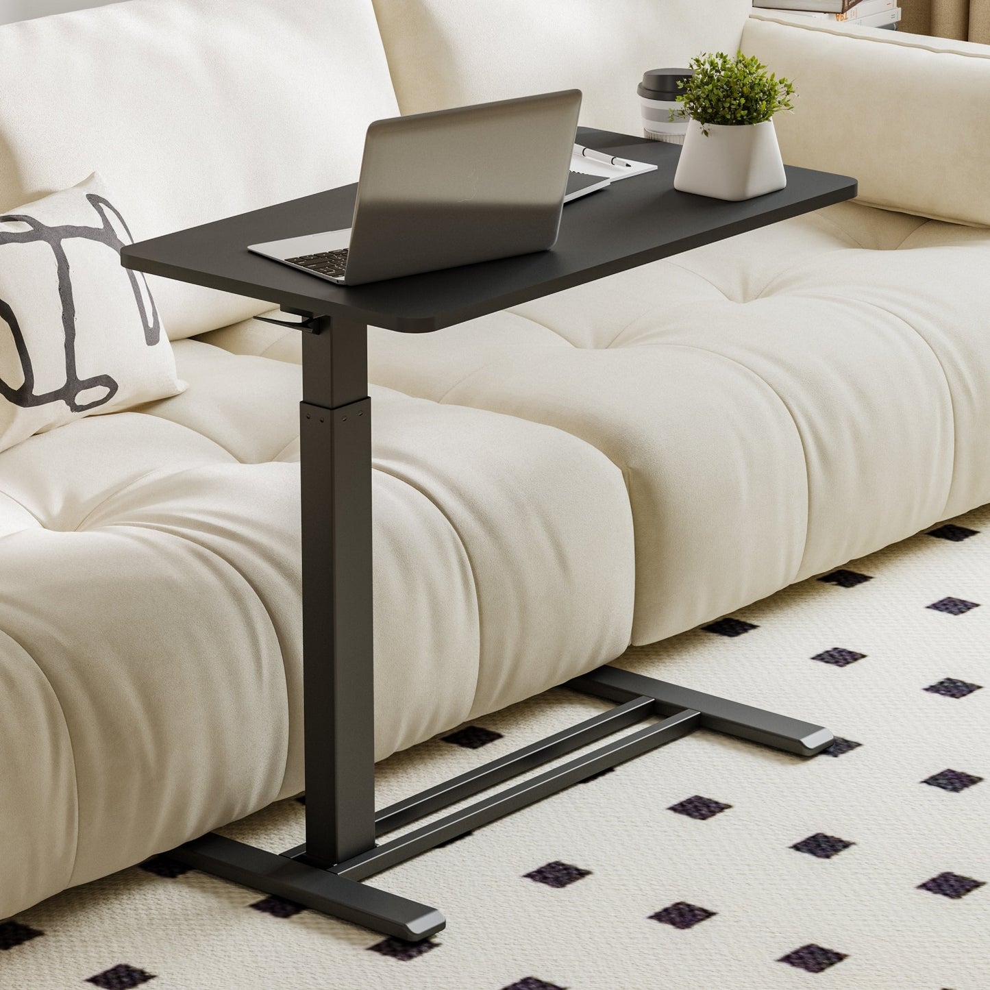 FunniHomi 28/32 Movable Overbed Table Height Adjustable Computer Desk with Wheels, White/Black Laptop Table for Bed and Sofa