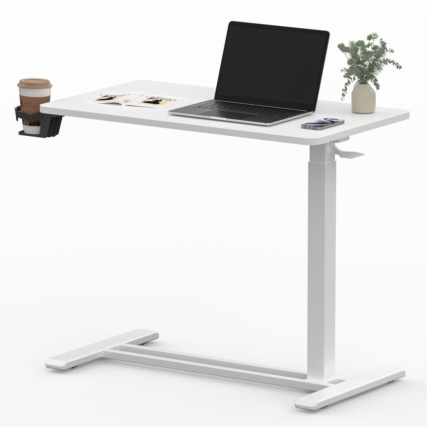 FunniHomi 28/32 Movable Overbed Table Height Adjustable Computer Desk with Wheels, White/Black Laptop Table for Bed and Sofa