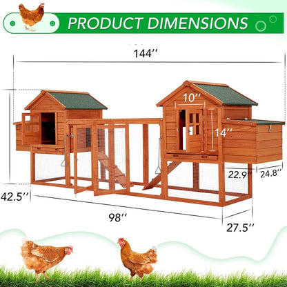 AECOJOY 144'' Large Chicken Coop w/ Run Wooden Hutch Poultry Cage House