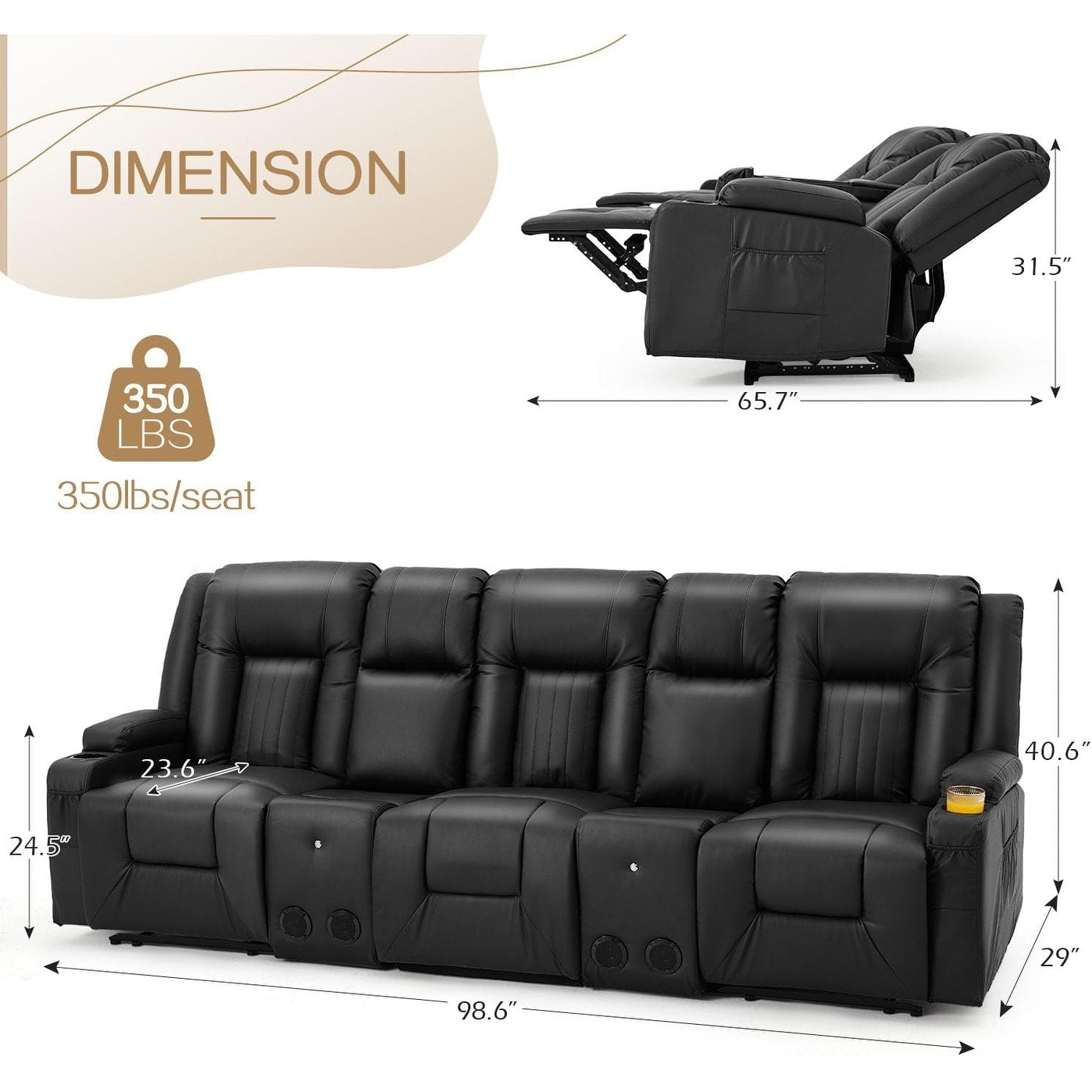 AECOJOY Recliner Sofa Manual RV Reclining Couch PU Home Theater Seating w/ Console