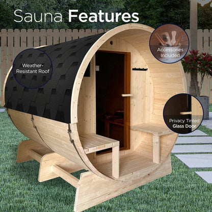 ALEKO 6-8 Person White Finland Pine Barrel Sauna with UL Electrical Heater - 88L x 73W x 79H inch