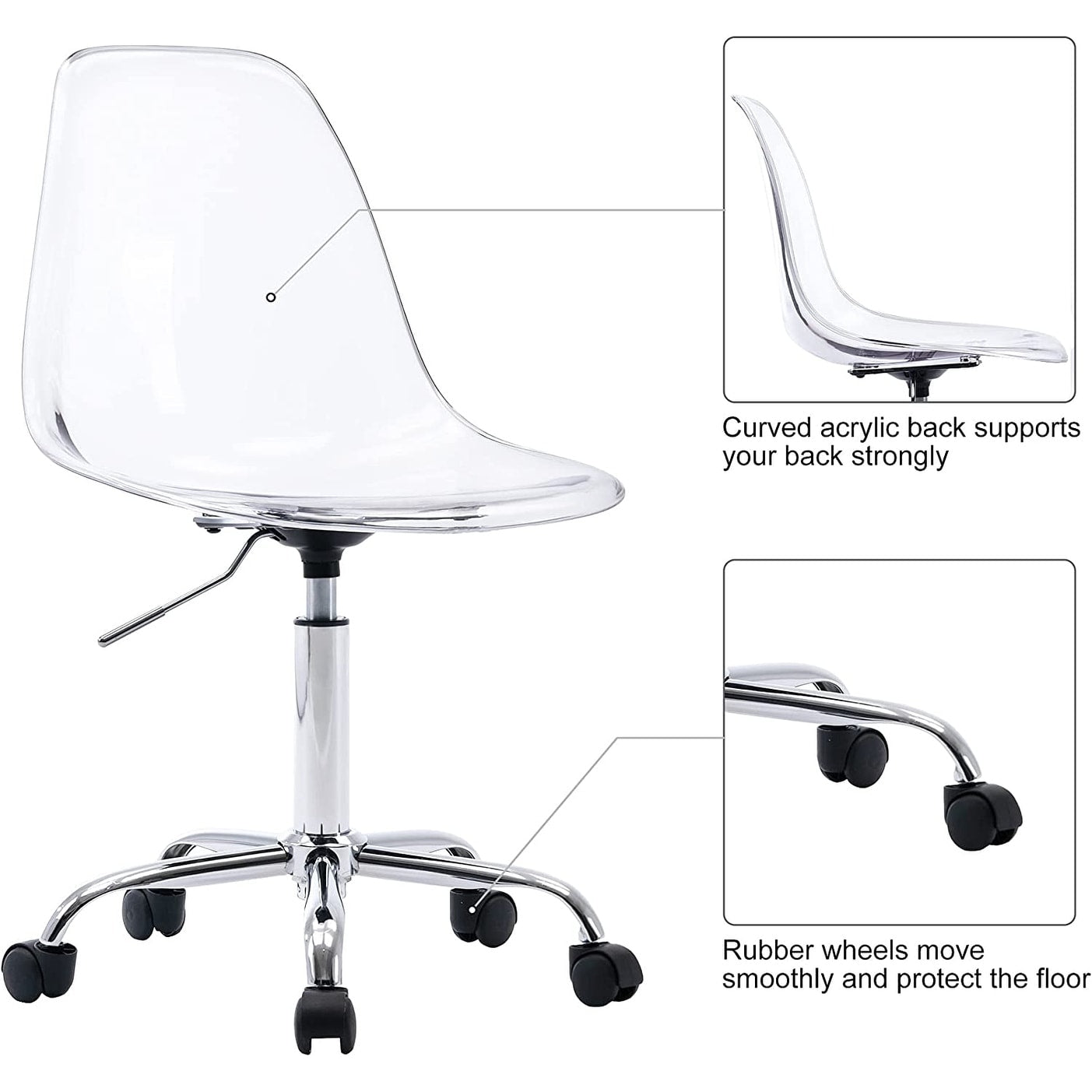Acrylic Swivel adjustable height Armless Home office Rolling Chair