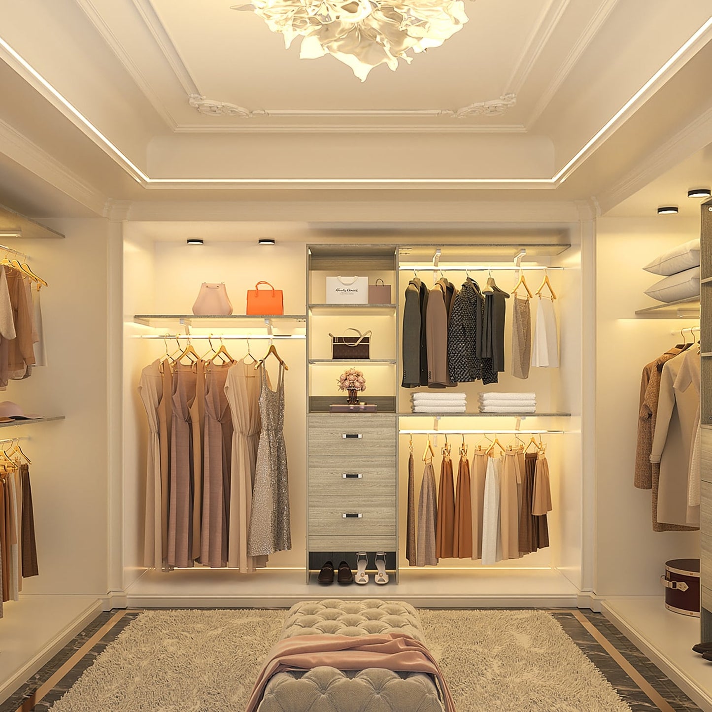 Rackcog 120'' Adjustable Closet Organizer with Drawers, Closet System with DIY Shelves for Reach-in and Walk-in Closet