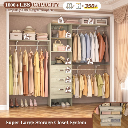Rackcog 120'' Adjustable Closet Organizer with Drawers, Closet System with DIY Shelves for Reach-in and Walk-in Closet