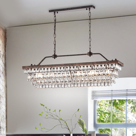 Antique Bronze 6-Light Rectangular Kitchen Island Lighting with Crystal Hanging - Antique Bronze