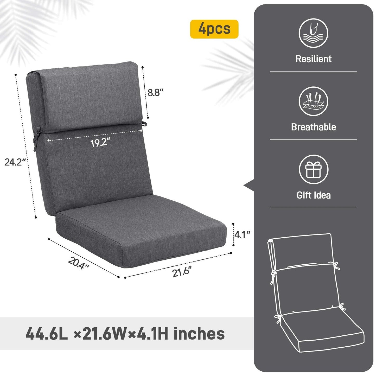 Aoodor Patio High Back Chair Cushions Set of 4, 46x21x4 Inches(Only Cushions)