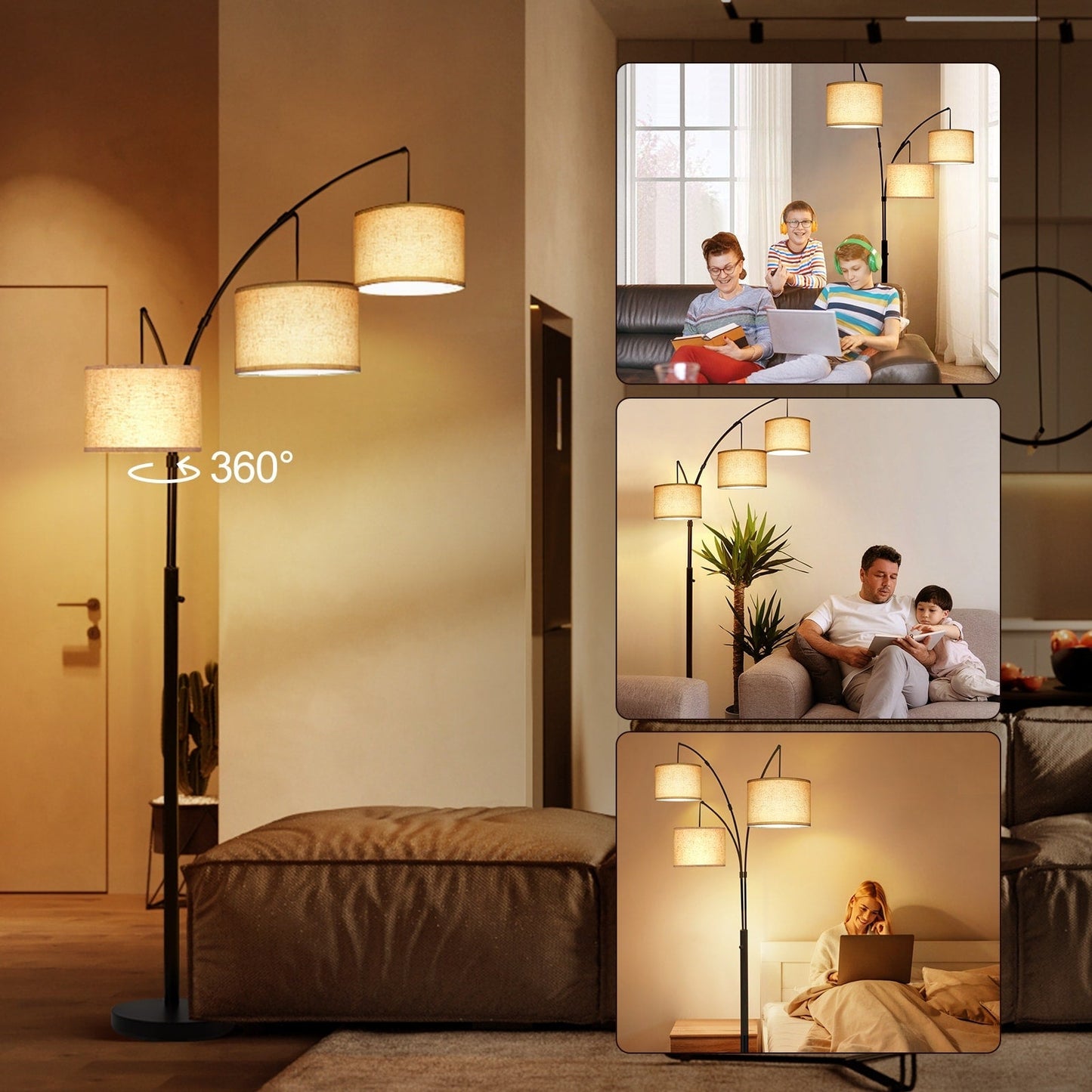 Arc LED Floor Lamp Dimmable Modern Black 3 Light Arched Tall Floor Lamp