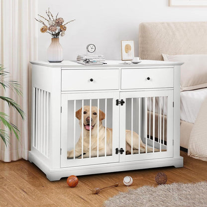 BOSSIN 44 Inch Large Dog Crate Furniture, Wooden Dog Kennel End Table with Storage Drawers, Decorative Pet Crates Dog House