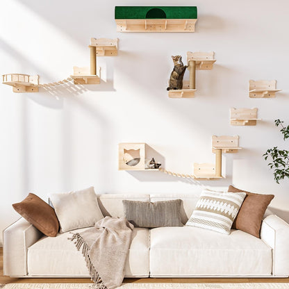 BOSSIN 9/16/18-Piece Pine Cat Wall Climbing System - Wall-Mounted Shelves Set with Cat Bed, Scratching Post & Tunnel