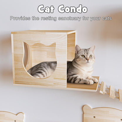 BOSSIN 9/16/18-Piece Pine Cat Wall Climbing System - Wall-Mounted Shelves Set with Cat Bed, Scratching Post & Tunnel