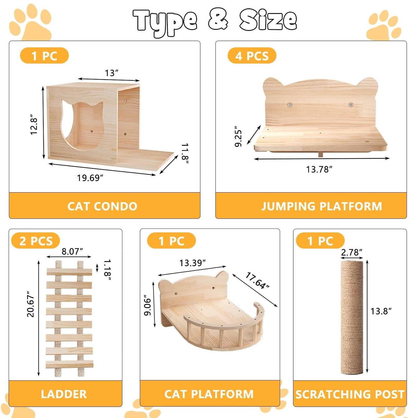 BOSSIN 9/16/18-Piece Pine Cat Wall Climbing System - Wall-Mounted Shelves Set with Cat Bed, Scratching Post & Tunnel
