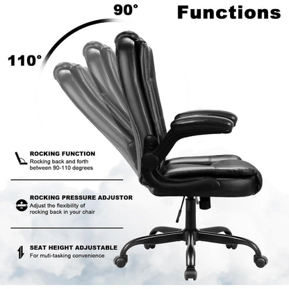 BOSSIN Big and Tall Office Chair Ergonomic High Back Computer Adjustable Height Leather Executive Chair with Padded Flip-up Arms