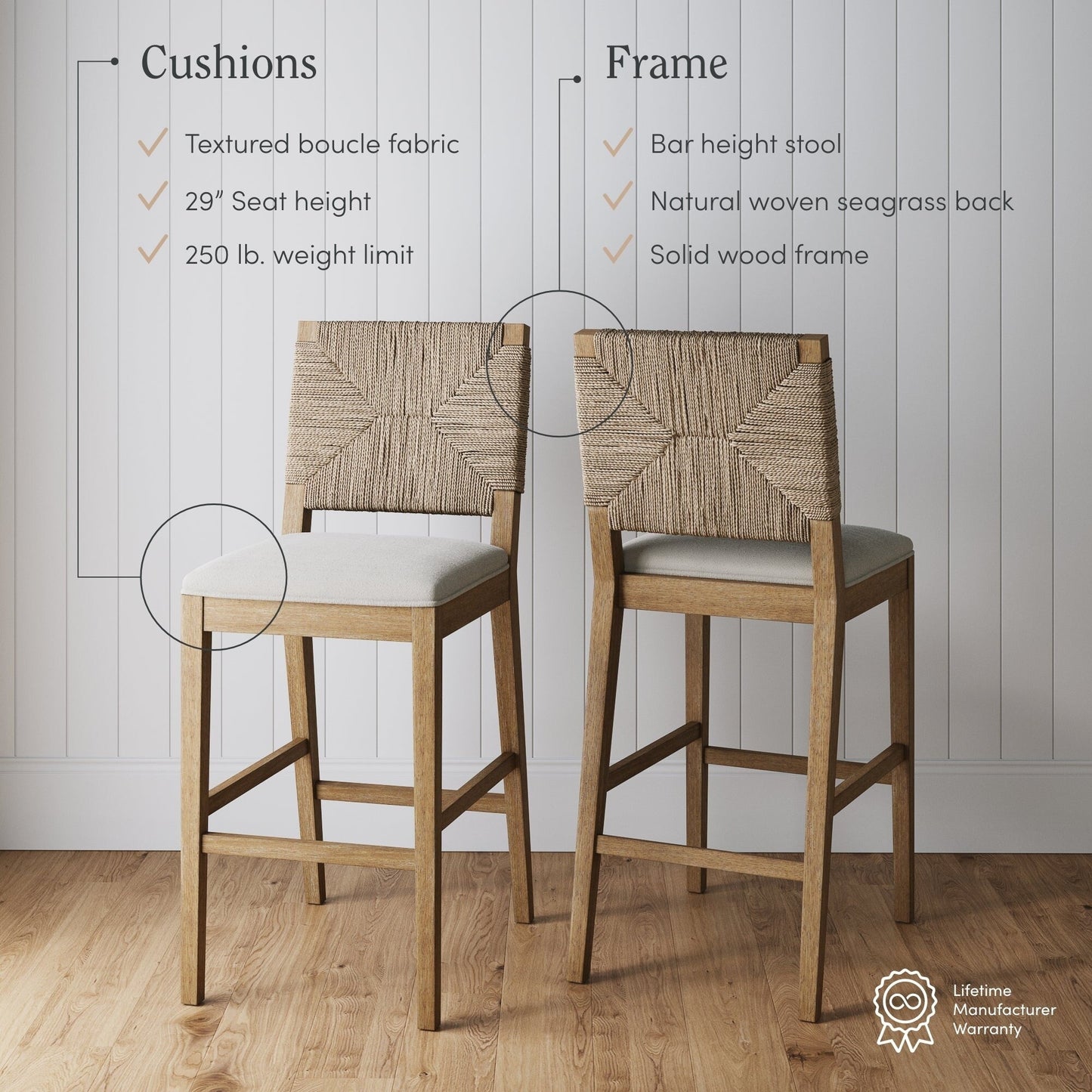 Beacon Bohemian Boucle Bar Stool, Upholstered Counter Height Chair with Solid Wood Frame and Woven Seagrass Back