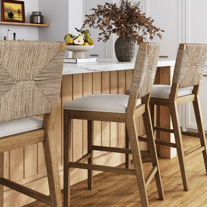 Beacon Bohemian Boucle Bar Stool, Upholstered Counter Height Chair with Solid Wood Frame and Woven Seagrass Back