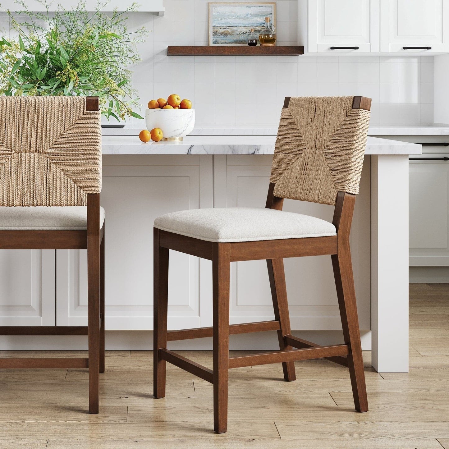 Beacon Bohemian Boucle Bar Stool, Upholstered Counter Height Chair with Solid Wood Frame and Woven Seagrass Back