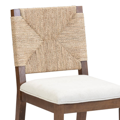 Beacon Bohemian Boucle Bar Stool, Upholstered Counter Height Chair with Solid Wood Frame and Woven Seagrass Back