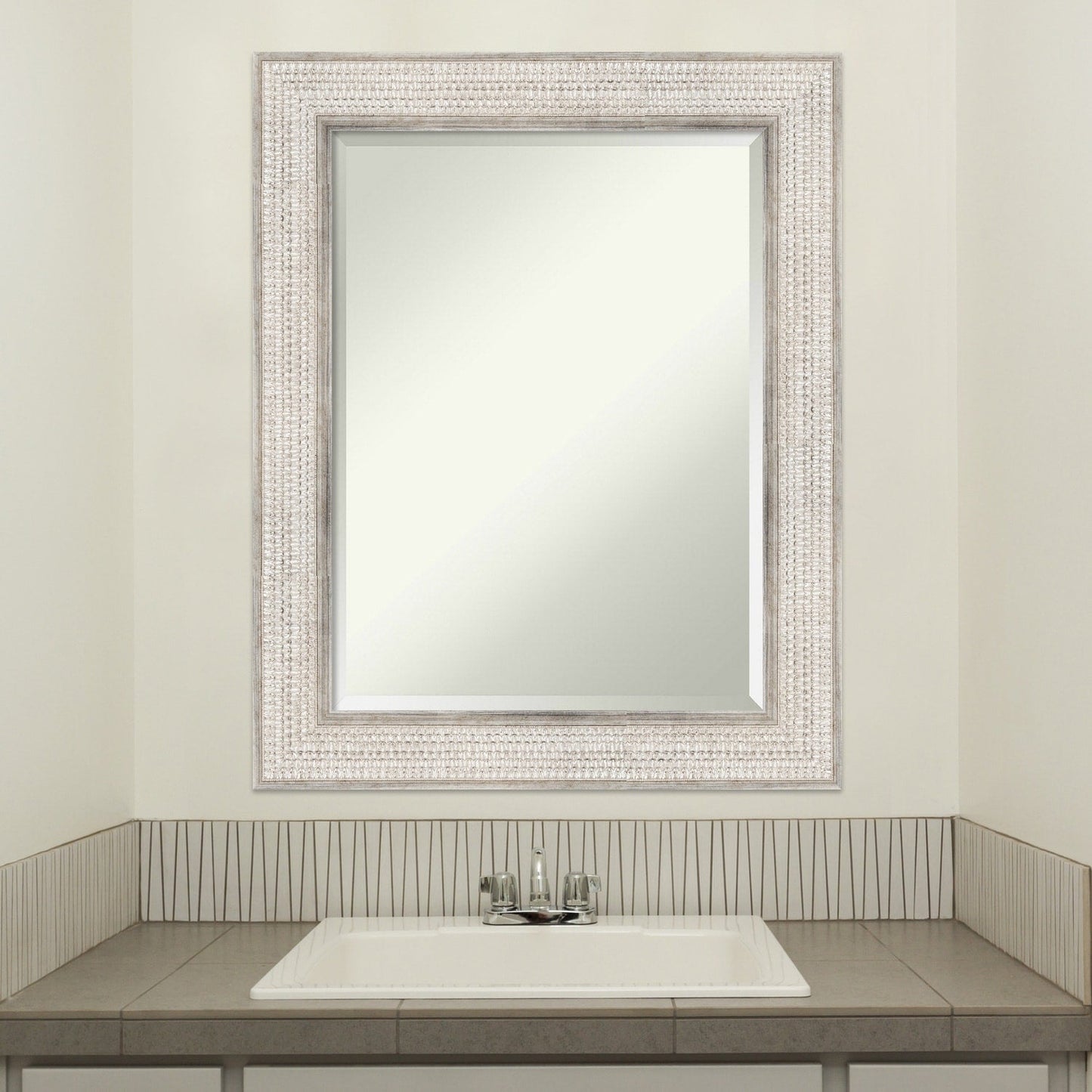 Beveled Wood Bathroom Wall Mirror - Trellis Silver Frame - Trellis Silver
