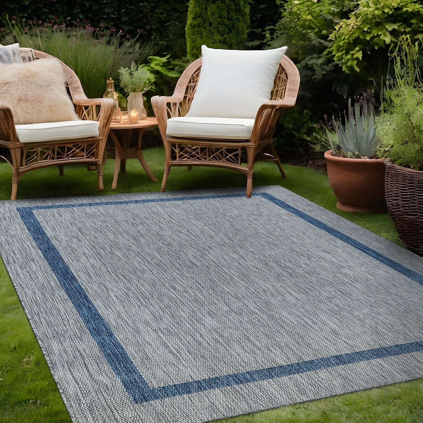 Beverly Rug Modern Bordered Indoor Outdoor Rug, Outside Carpet for Patio, Deck, Porch