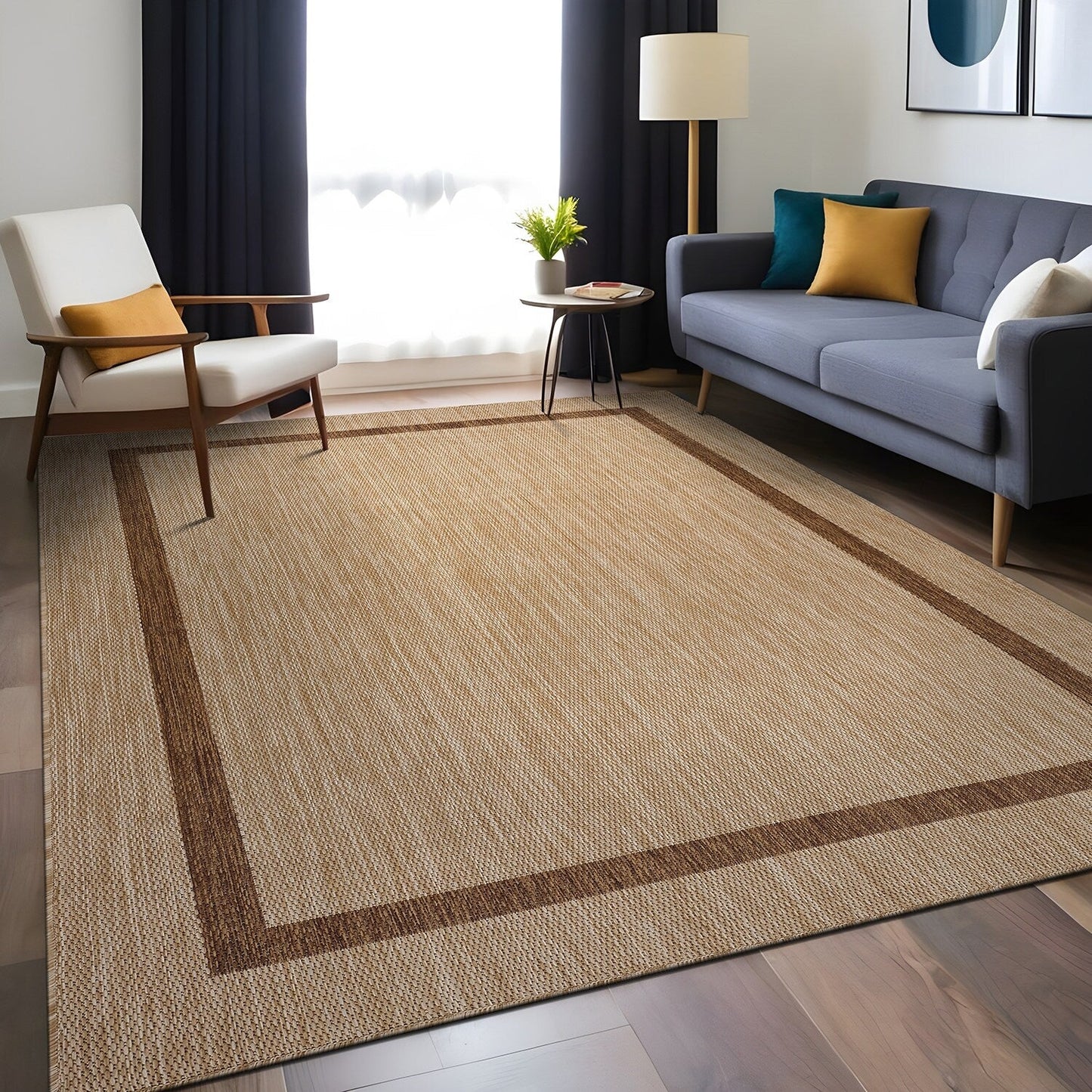 Beverly Rug Modern Bordered Indoor Outdoor Rug, Outside Carpet for Patio, Deck, Porch