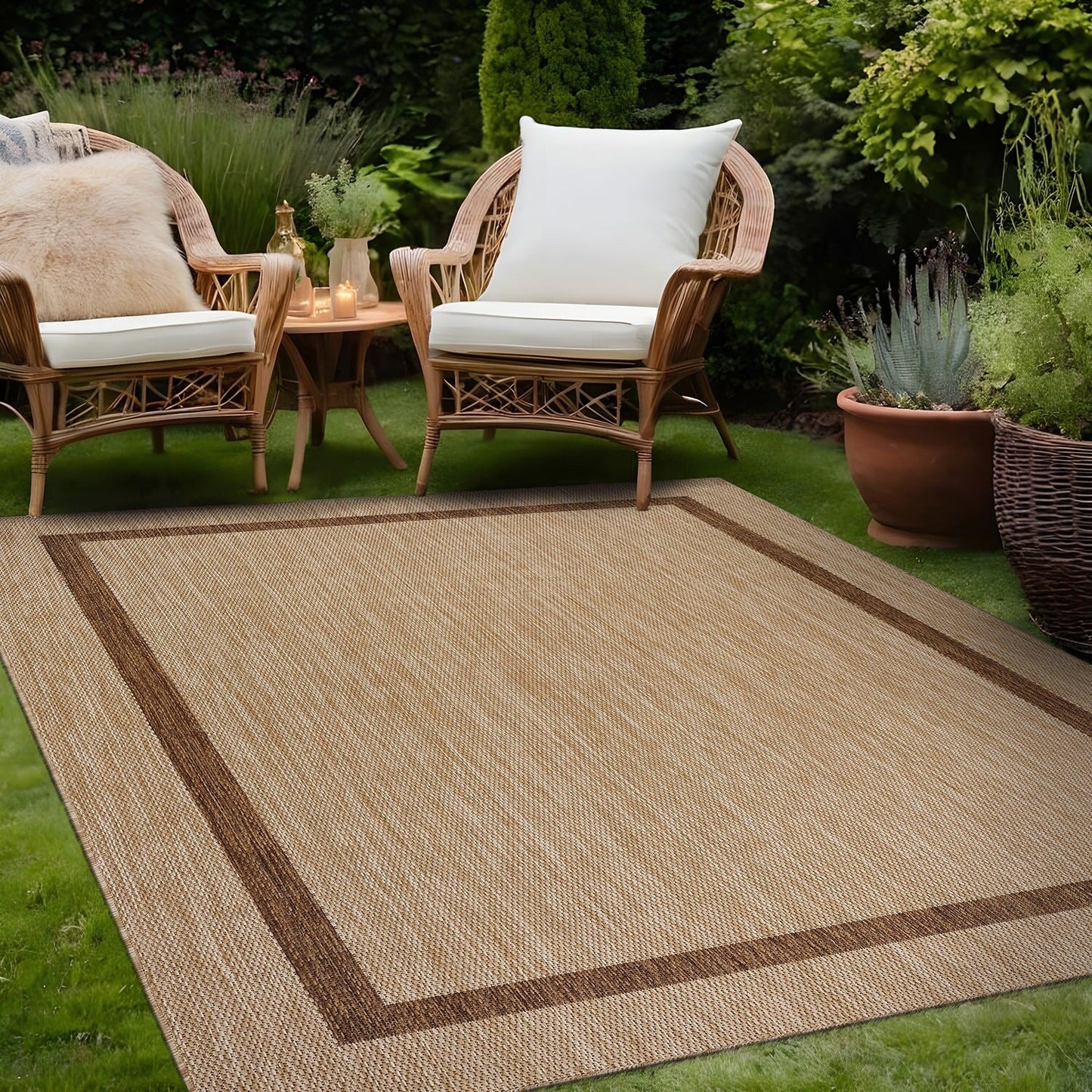 Beverly Rug Modern Bordered Indoor Outdoor Rug, Outside Carpet for Patio, Deck, Porch