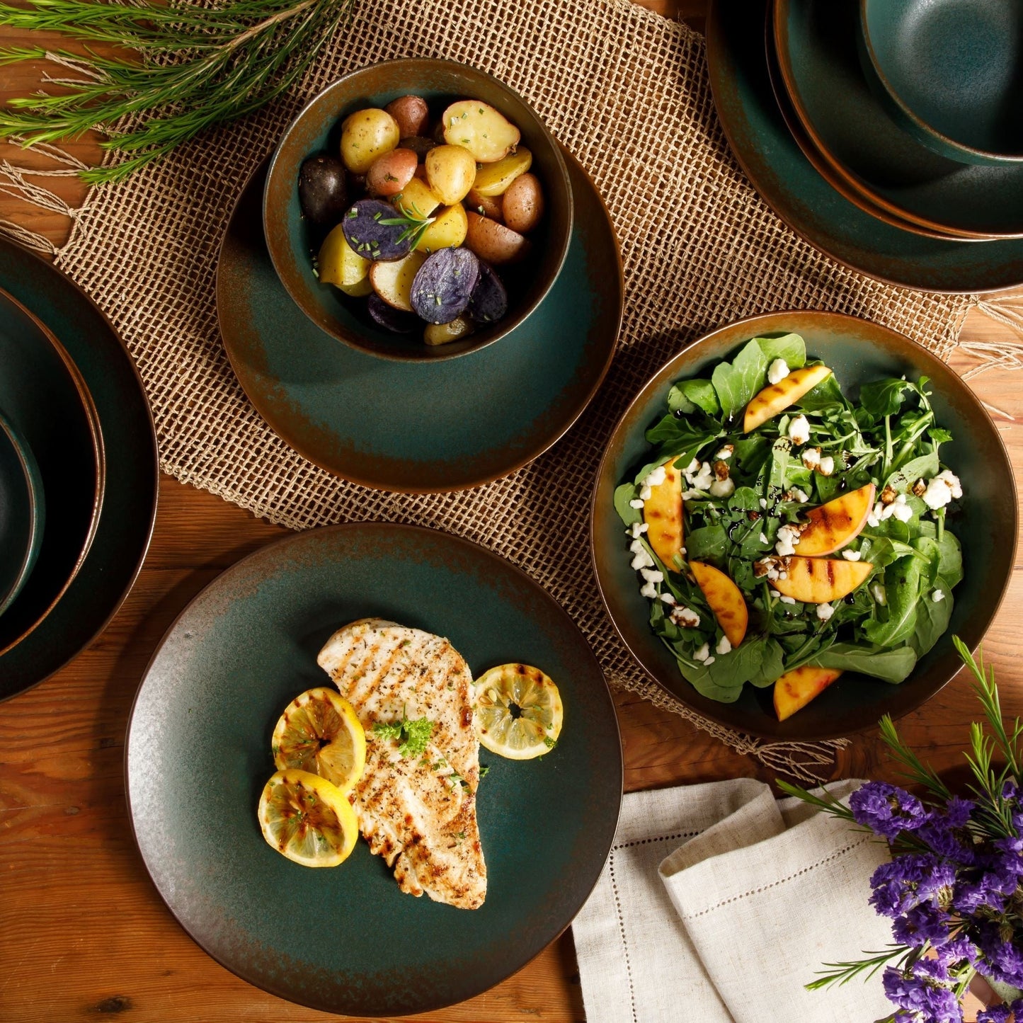 Bloomhouse Palermo Sun 16 Piece Double Bowl Stoneware Reactive Glaze Plates and Bowls Dinnerware Set