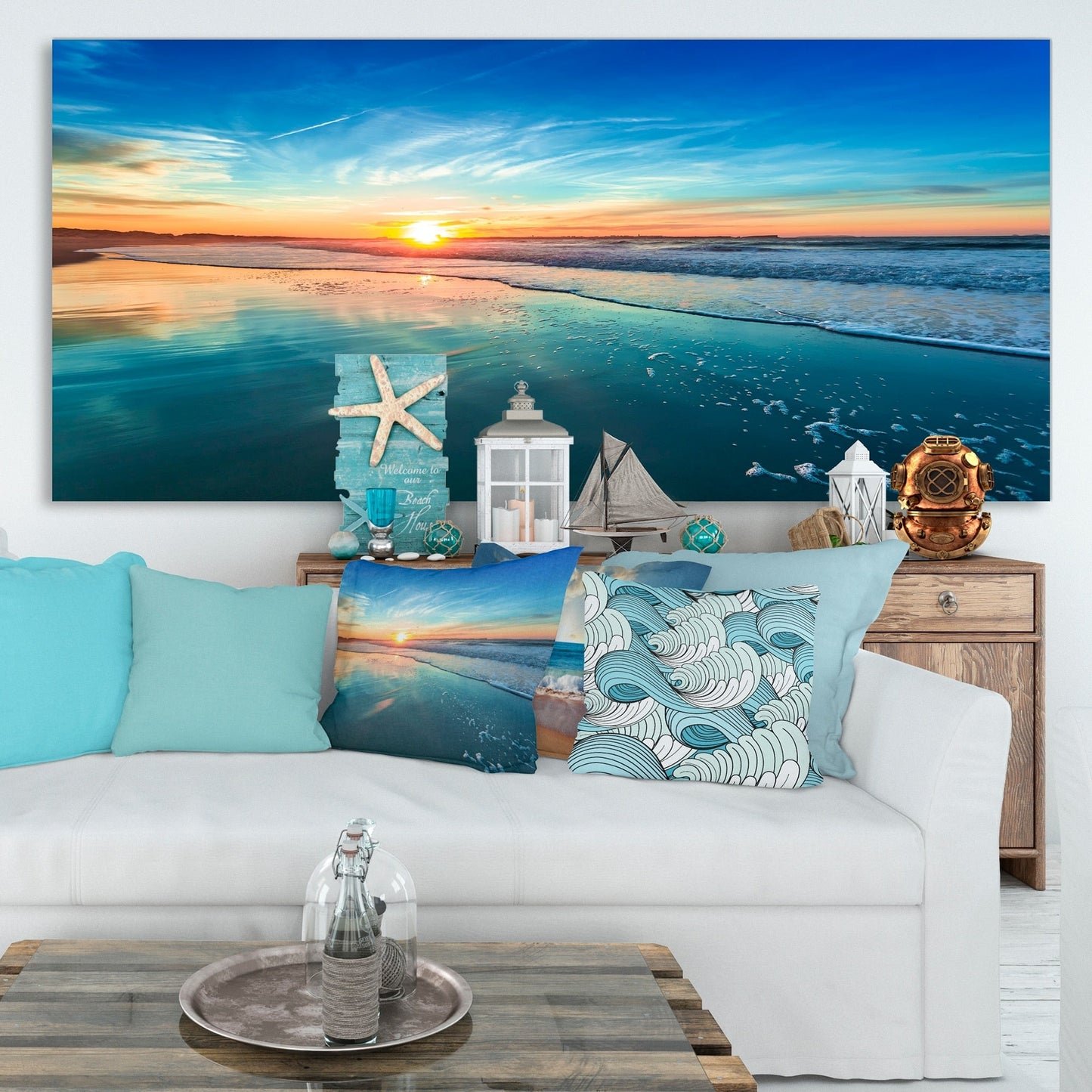 Blue Seashore with Distant Sunset - Seashore Canvas Wall Art