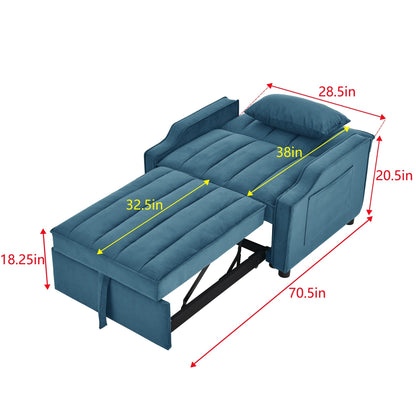 Blue Velvet Convertible Single Sleeper Sofa with Pull-out Bed
