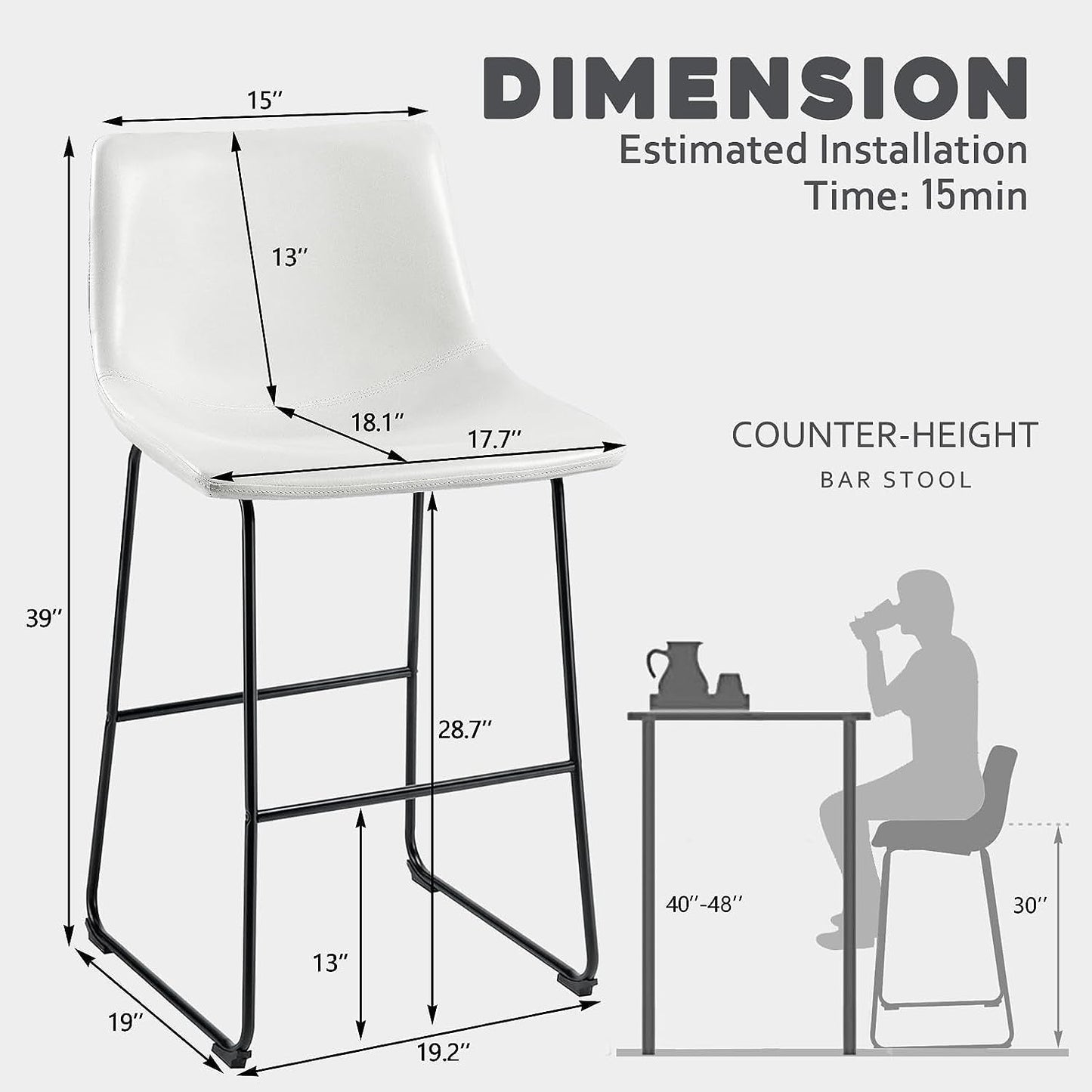 Bossin 18/26/30 inch Bar Stools,Counter Height Bar Stools with Back Modern PU Leather Stools Dining Chair with Footrest