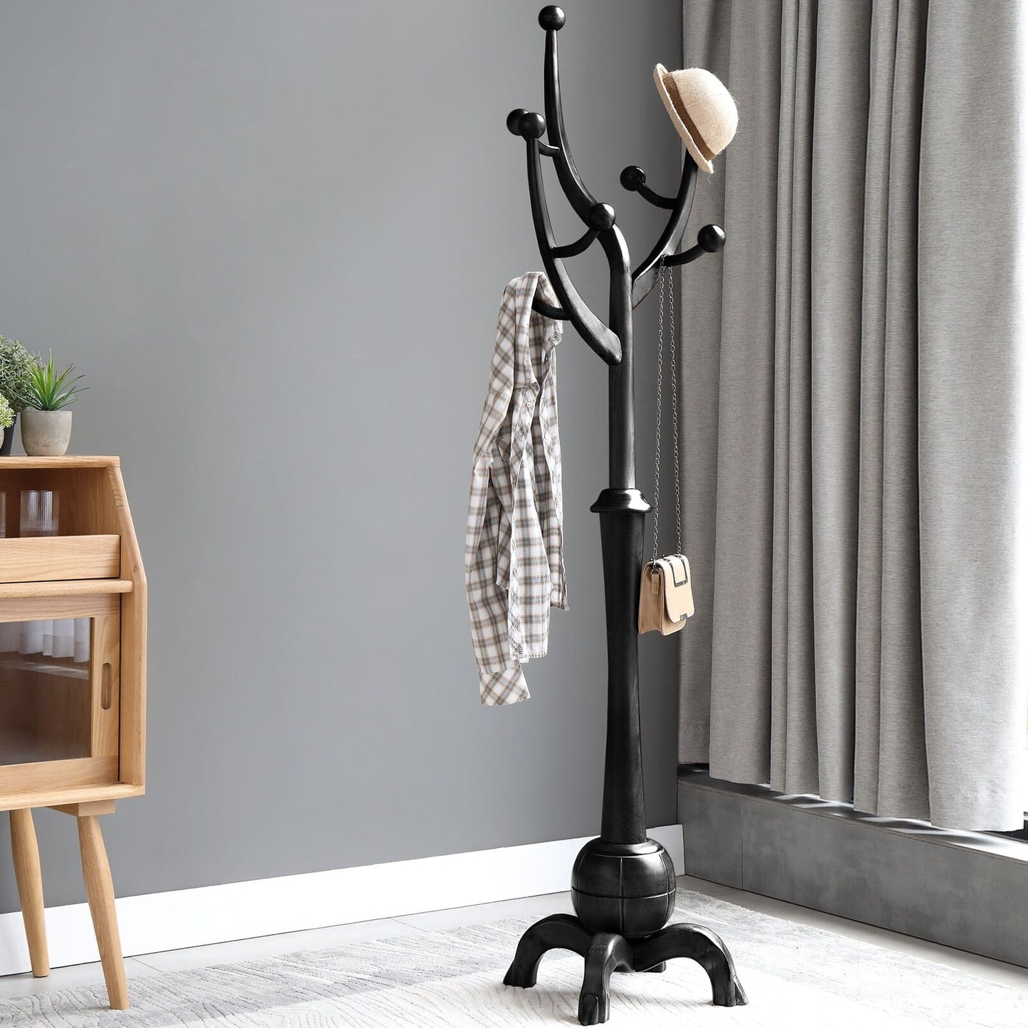 Tree-branch Rubberwood Freestanding Coat Rack with 8 Hooks - 24.5W x 70.87H