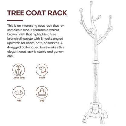 Tree-branch Rubberwood Freestanding Coat Rack with 8 Hooks - 24.5W x 70.87H