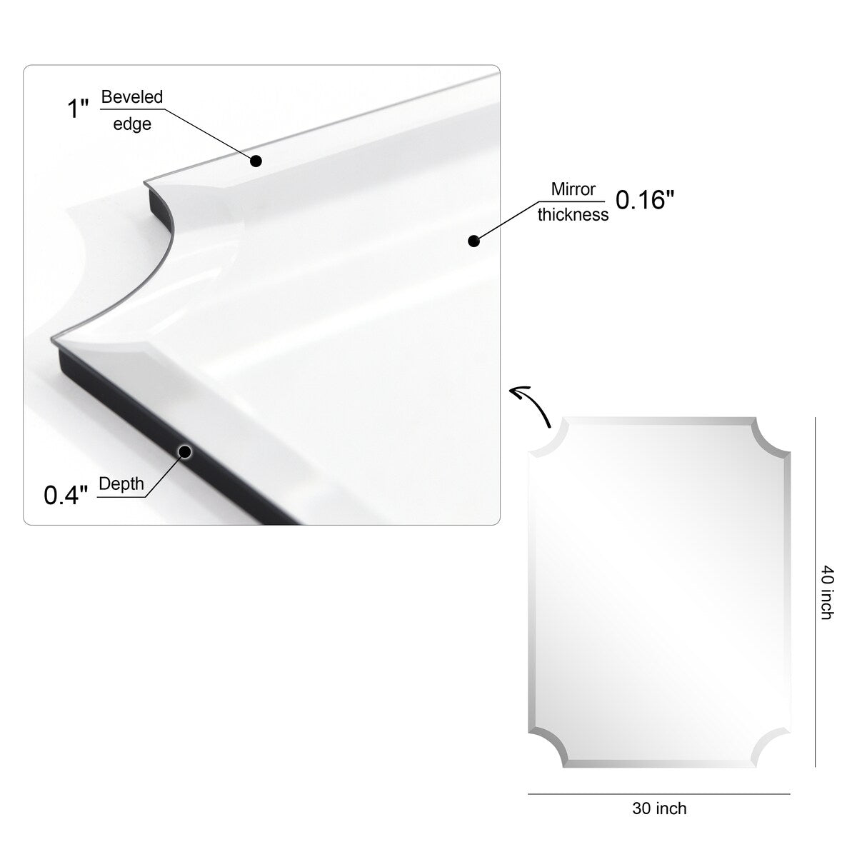 Frameless Rectangle Scalloped Beveled Wall Mirror, Bathroom, Vanity, Bedroom Mirror,1-beveled Edge - Clear