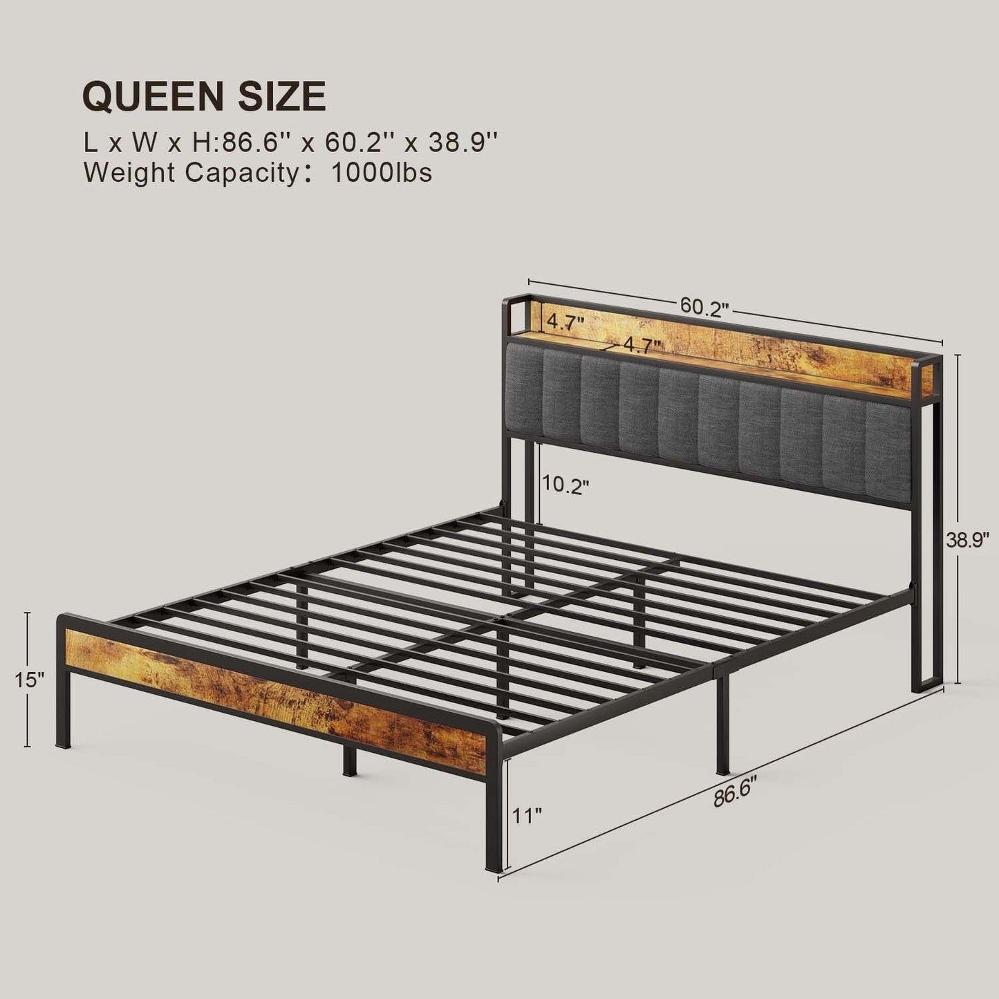 Twin / Full / Queen / King Size Metal Platform Bed Frame with Upholstered Storage Headboard