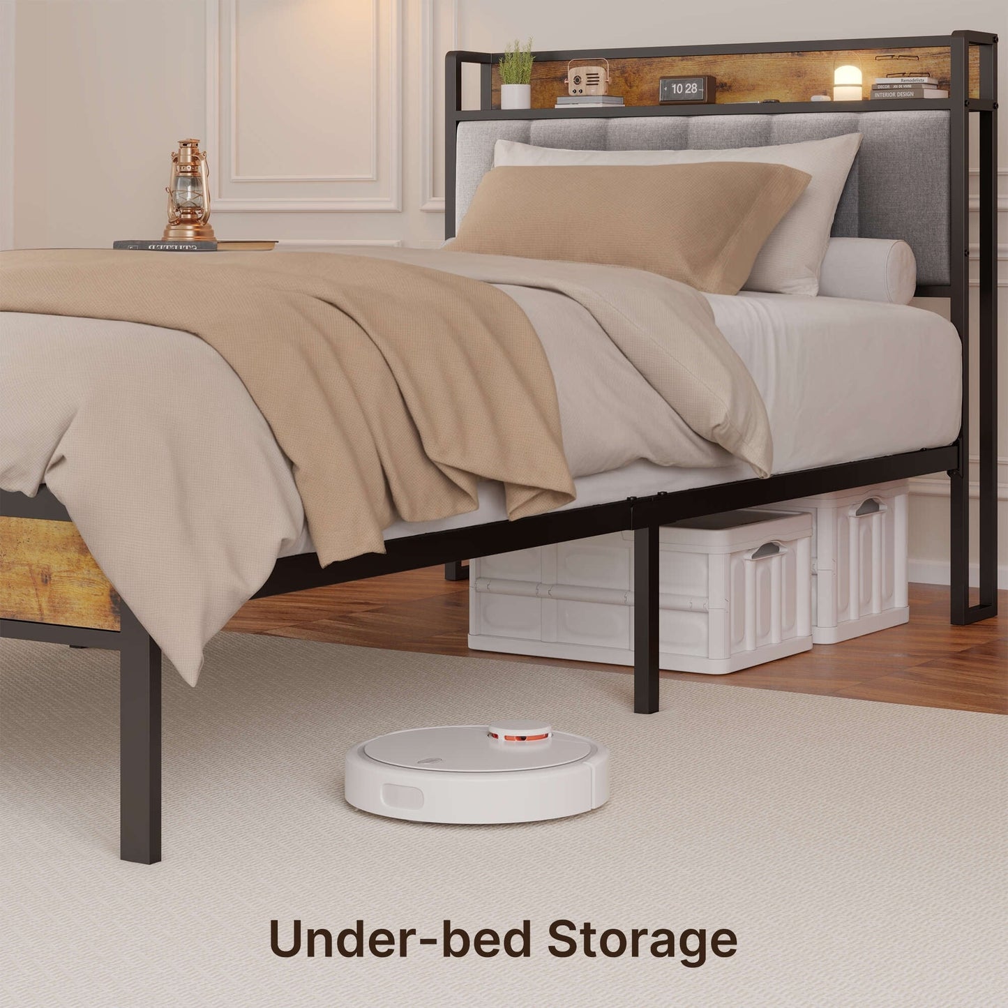 Twin / Full / Queen / King Size Metal Platform Bed Frame with Upholstered Storage Headboard