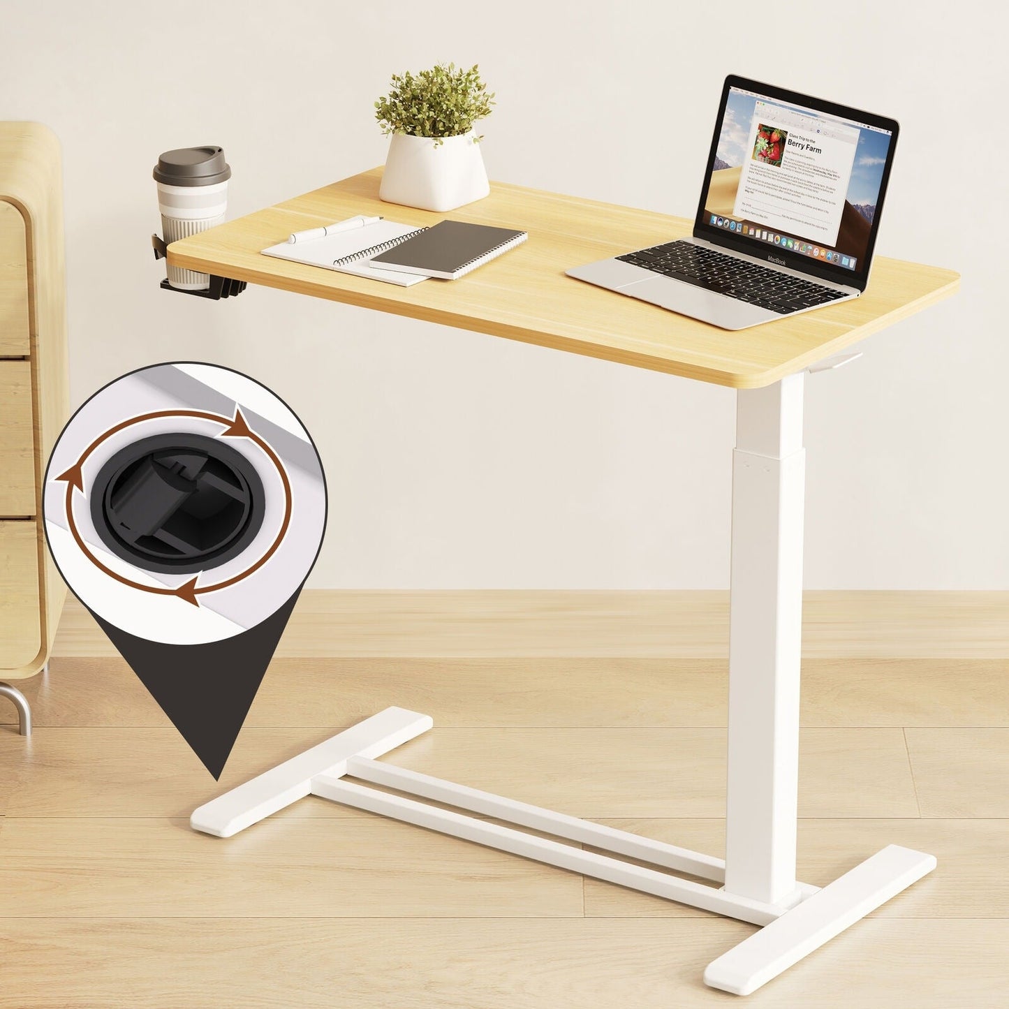 FunniHomi 28/32 Movable Overbed Table Height Adjustable Computer Desk with Wheels, White/Black Laptop Table for Bed and Sofa