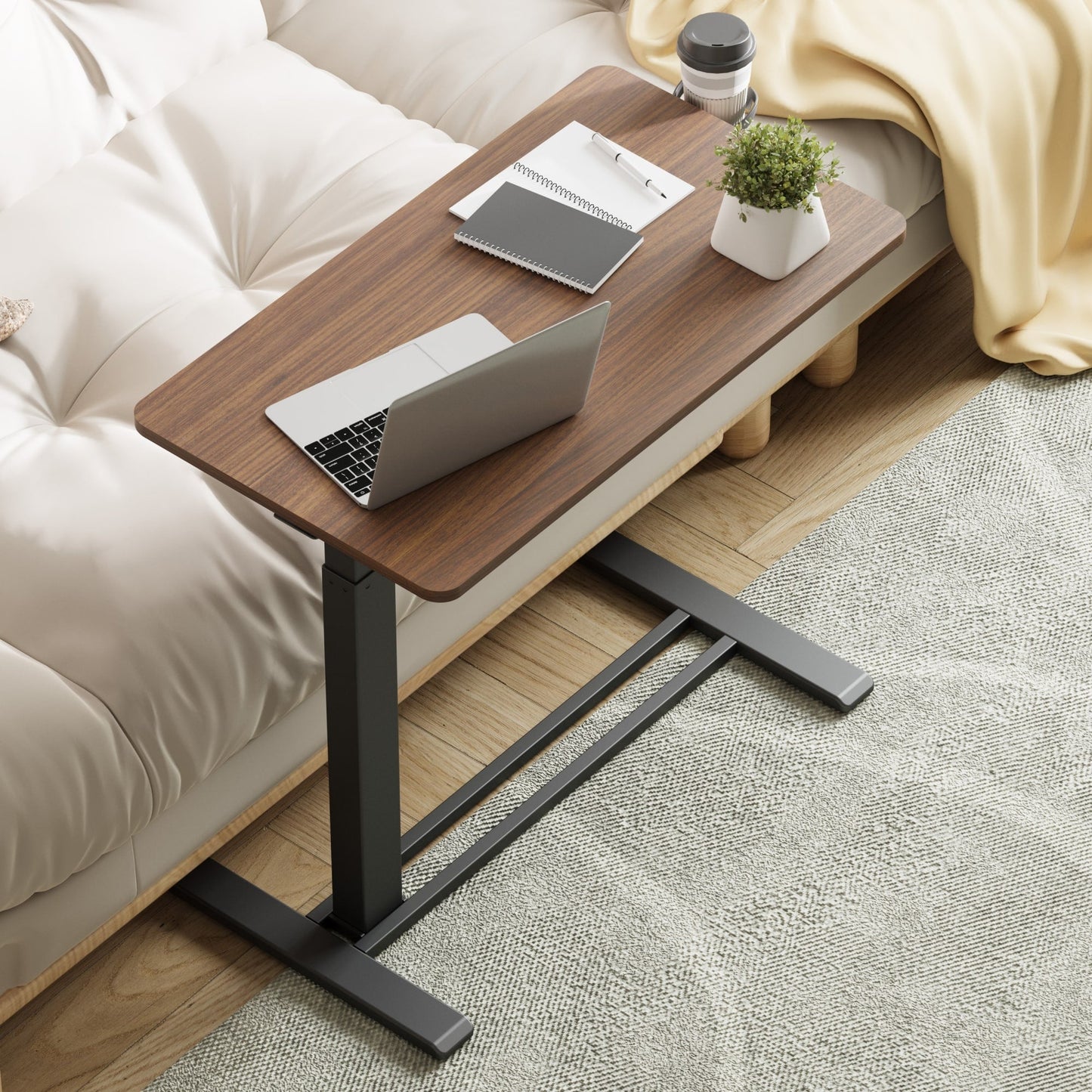 FunniHomi 28/32 Movable Overbed Table Height Adjustable Computer Desk with Wheels, White/Black Laptop Table for Bed and Sofa