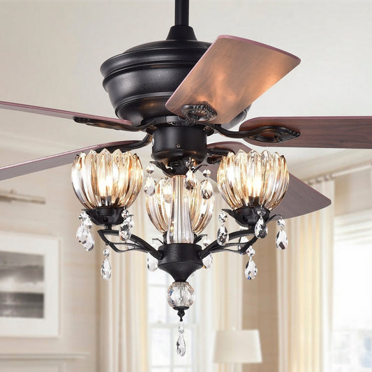 Garlow Matte Black 5-blade Lighted Ceiling Fan with Crystal Flower Cups Chandelier (includes Remote) - 52-inches Diameter