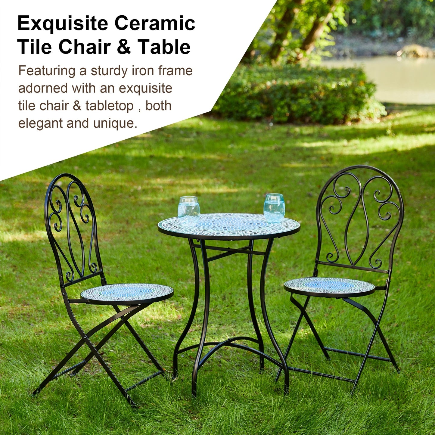 Glitzhome Outdoor Metal Folding Bistro Set 3PCS Patio Table Chairs