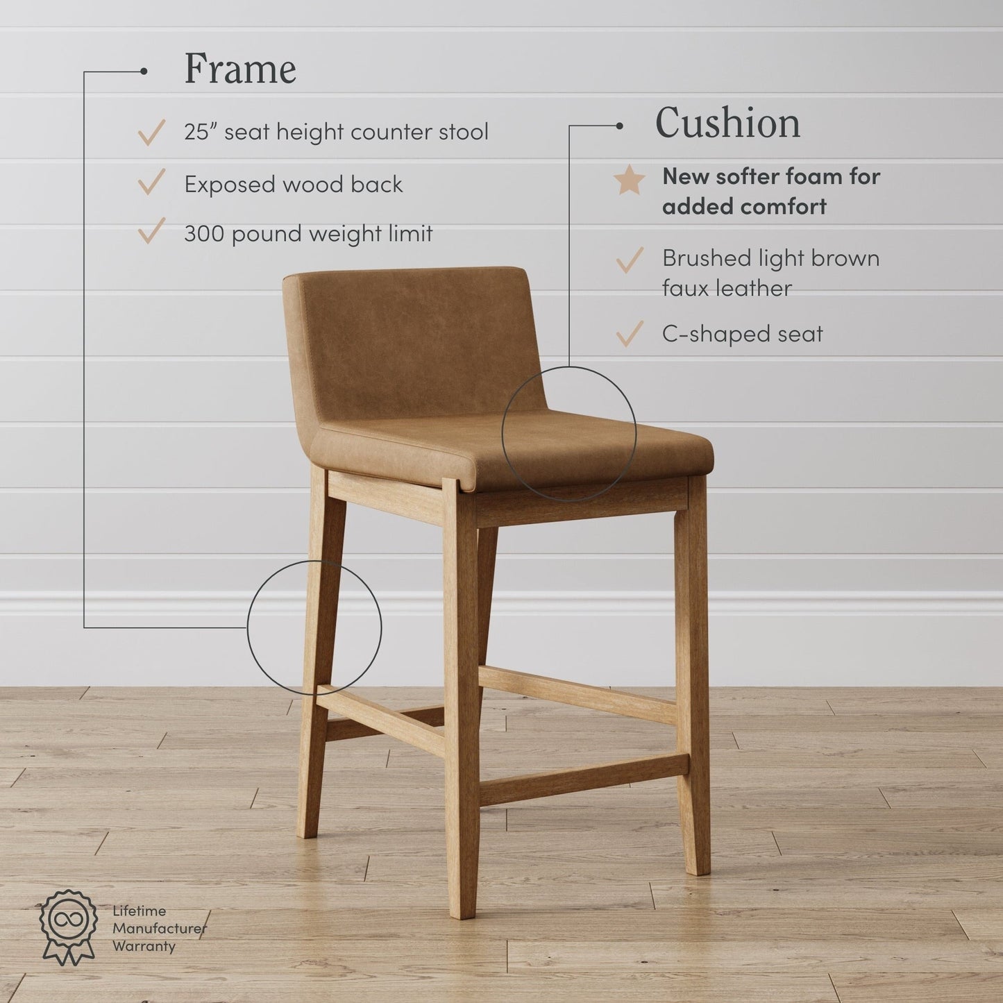 Gracie Modern Bar Stool, Boucle Upholstered Chair and Brushed Wooden Legs