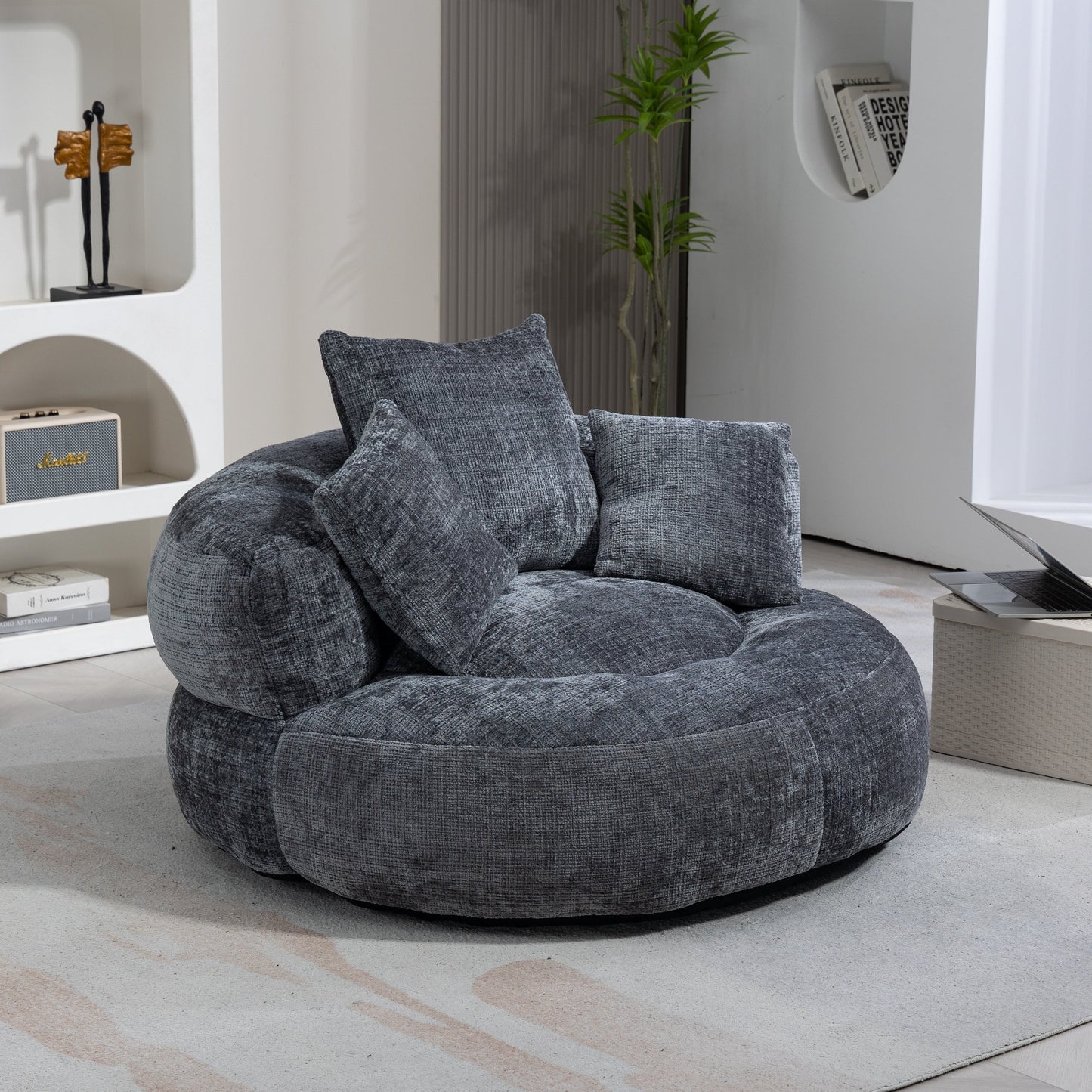 Gray Oversized 42.52 Chenille Lazy Bean Bag Single Sofa with Three Pillows for Bedroom