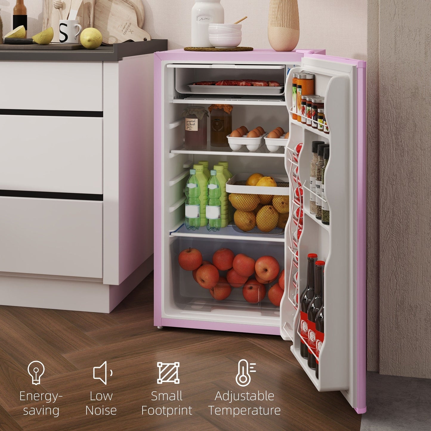 HOMCOM 3.2 Cu.Ft Mini Fridge with Freezer, Single Door Compact Refrigerator with Adjustable Thermostat for Bedroom