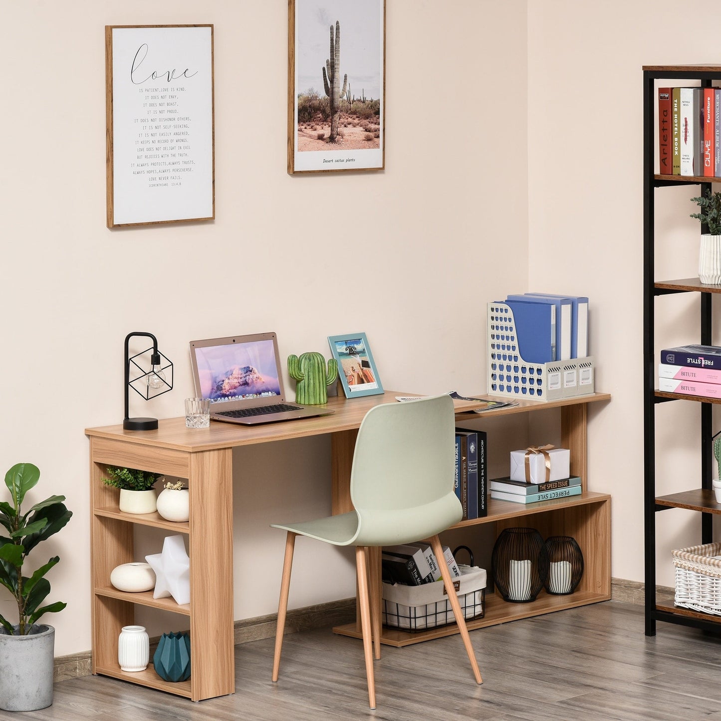 HomCom Modern L Shaped Rotating Computer Desk with Bookshelves