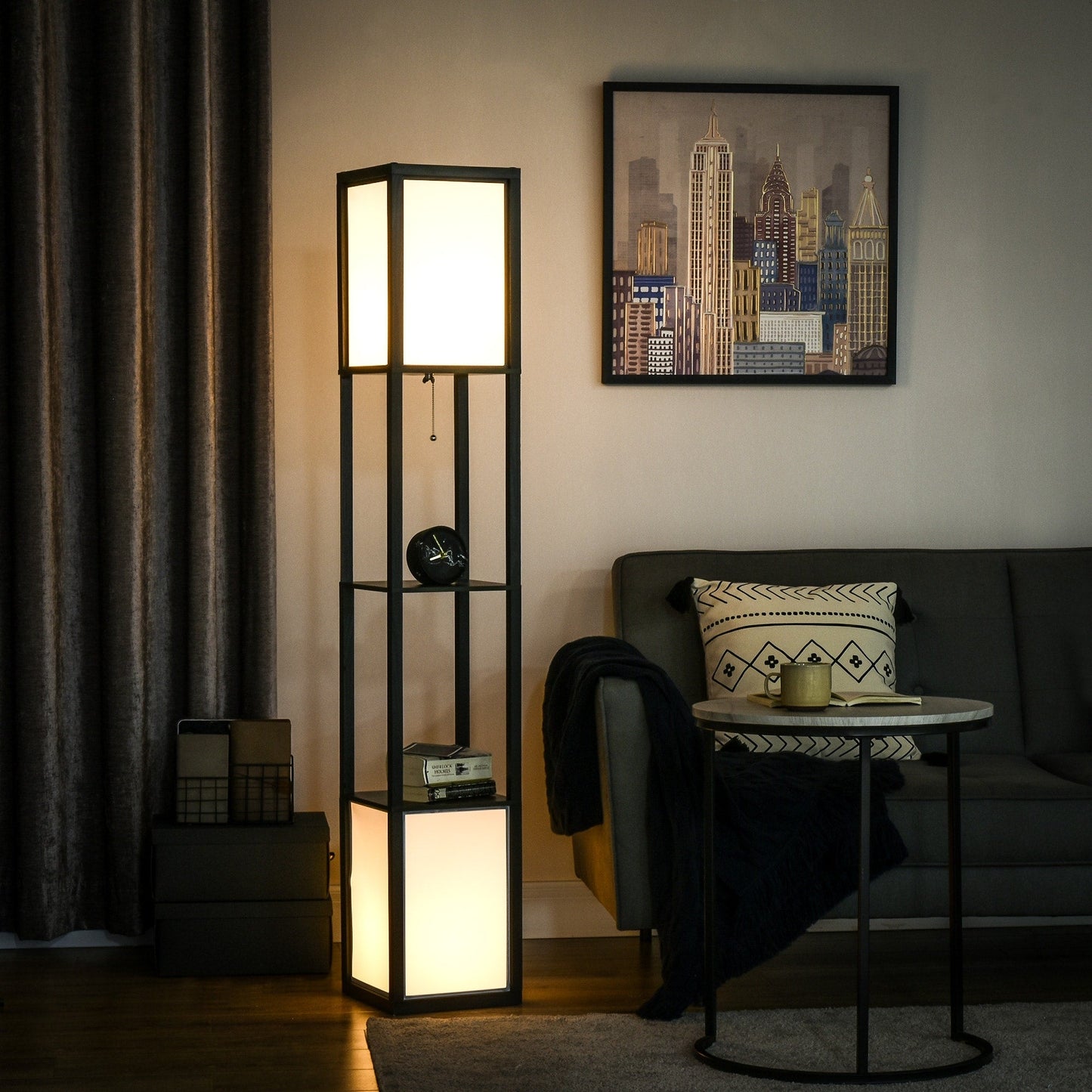 HOMCOM Floor Lamp with Shelves, Dual Light, Modern Tall Standing Lamps, with Fabric Lampshade (Bulb not Included)