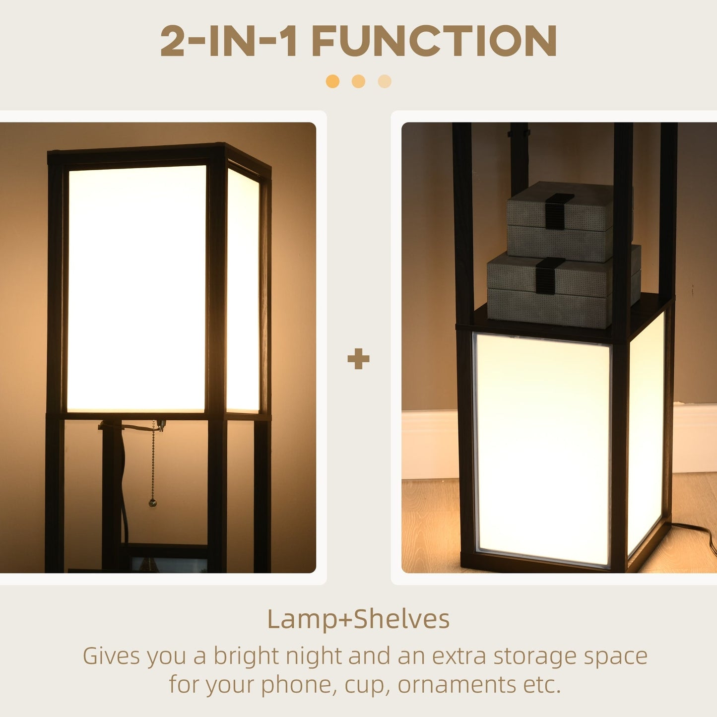 HOMCOM Floor Lamp with Shelves, Dual Light, Modern Tall Standing Lamps, with Fabric Lampshade (Bulb not Included)