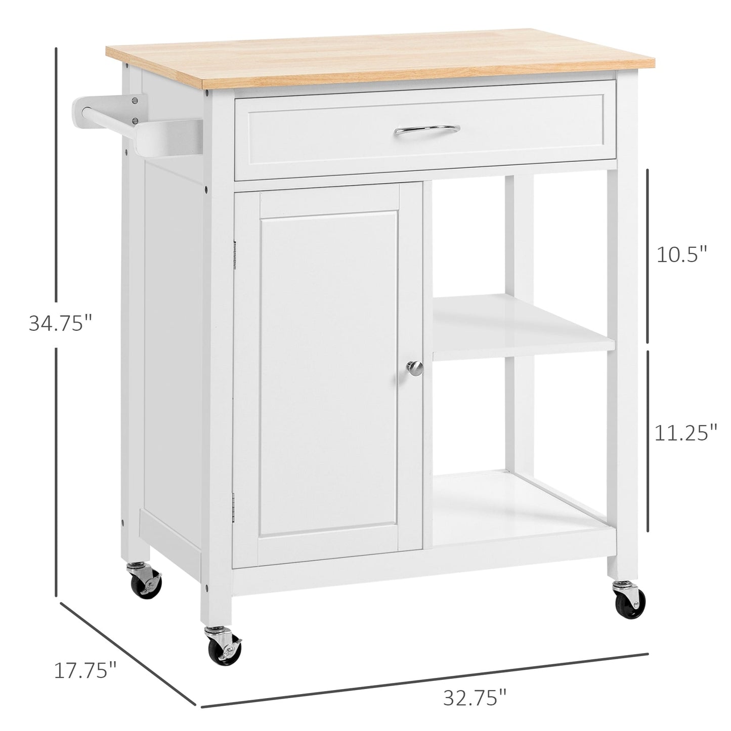 HOMCOM Kitchen Trolley, Wood Top Utility Cart on Wheels with Open Shelf and Storage Drawer for Dining Room, Kitchen