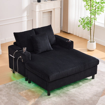 HOMEFUN Corduroy Upholstered Oversized RGB LED Light Recliner Sofa Bed with Cup Holder,USB&3 Pillows