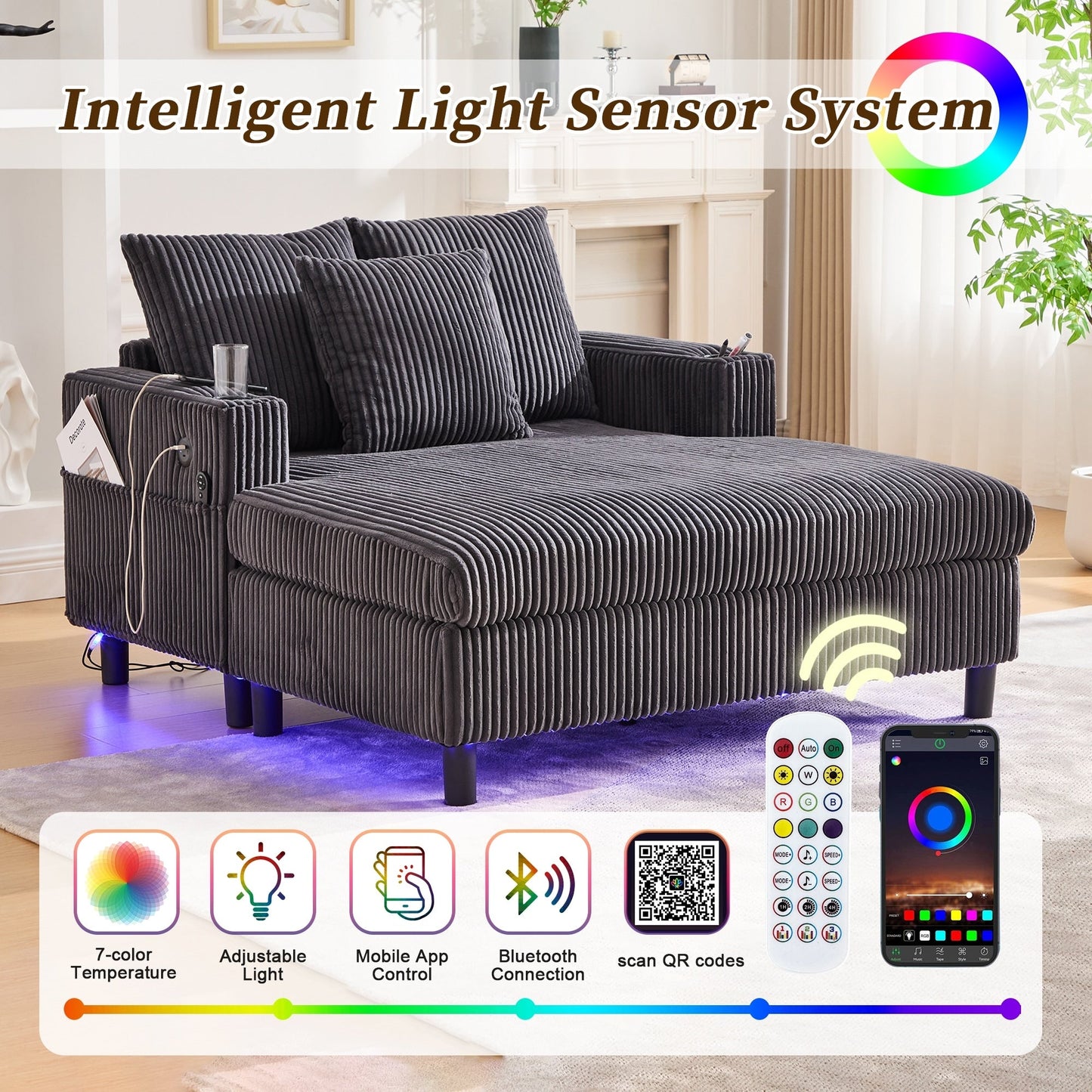 HOMEFUN Corduroy Upholstered Oversized RGB LED Light Recliner Sofa Bed with Cup Holder,USB&3 Pillows