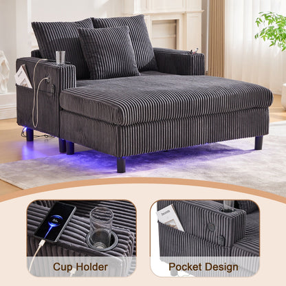 HOMEFUN Corduroy Upholstered Oversized RGB LED Light Recliner Sofa Bed with Cup Holder,USB&3 Pillows